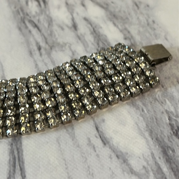 Vintage Wide Rhinestone Stretch Cuff Bracelet – Mid-Century Glam - Picture 2 of 10